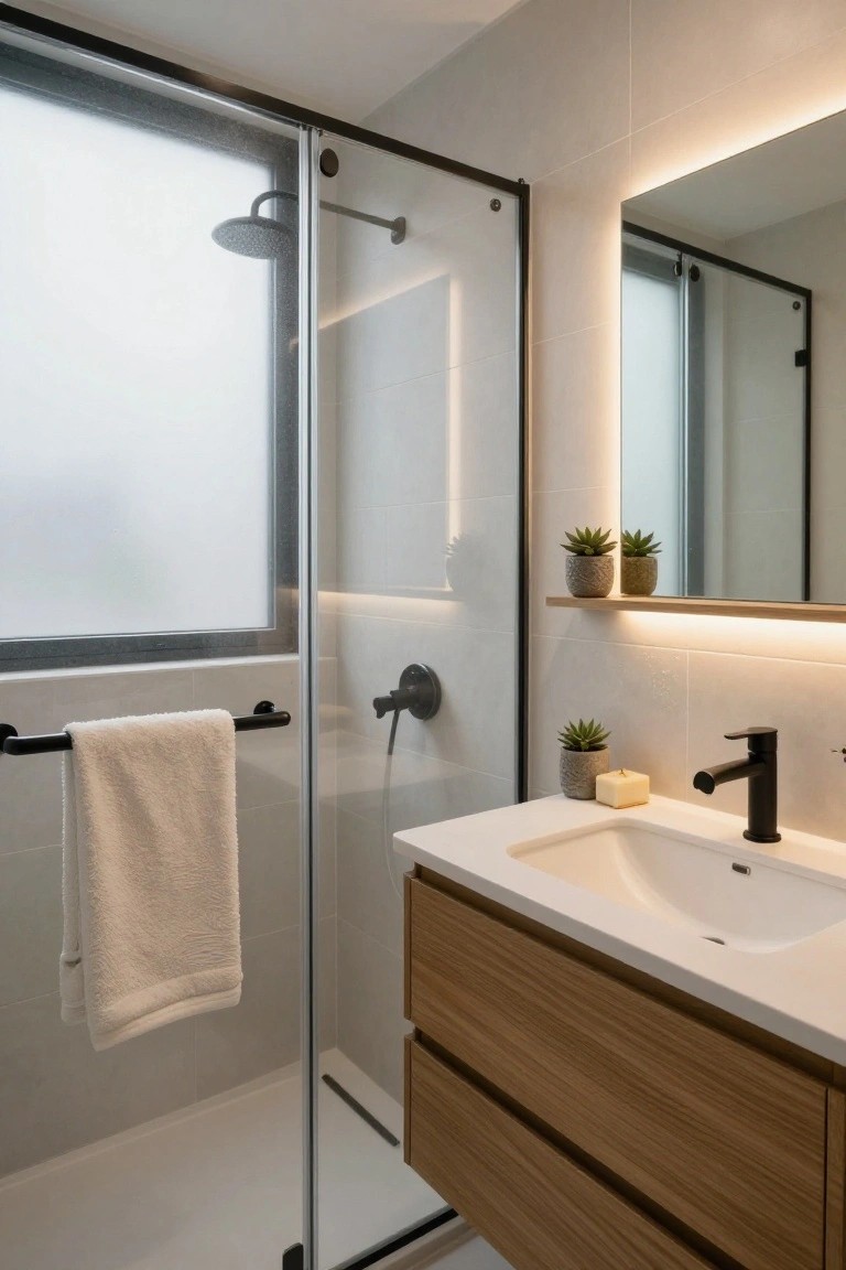 Modern bathroom with frameless glass shower enclosure, wooden floating vanity under round mirror, black faucet and showerhead, white tile walls, towel bar, and small potted plants on shelves.