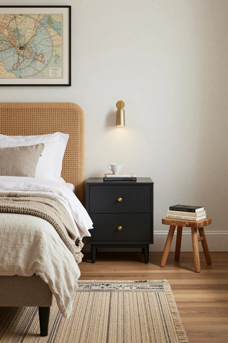 Bedroom interior with a beige rattan headboard, white pillows and sheets with gray linen throw, black two-drawer nightstand holding books and a white teacup, brass wall sconce, wooden stool with stacked books, seagrass rug, and hardwood floor.