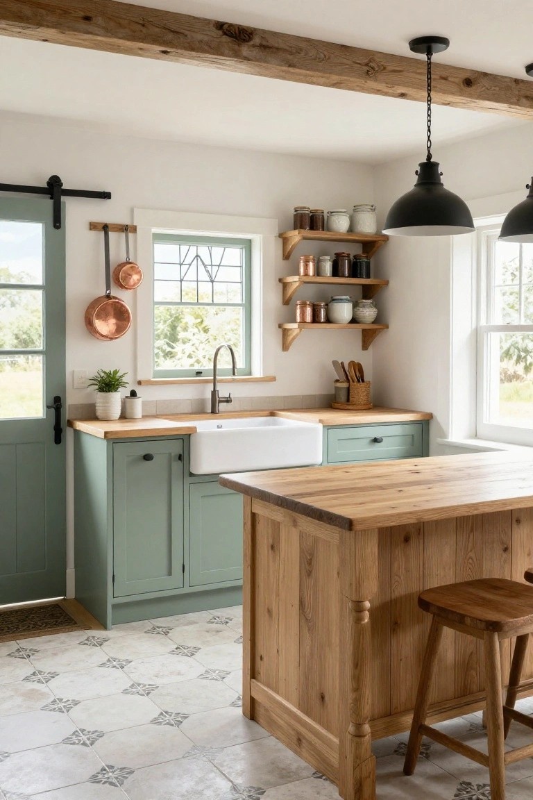 Cottage kitchen with sage green cabinets, white farmhouse sink, large wooden island with stool, exposed timber beams, black pendant lights, copper pots on wall, and white patterned tile floor.