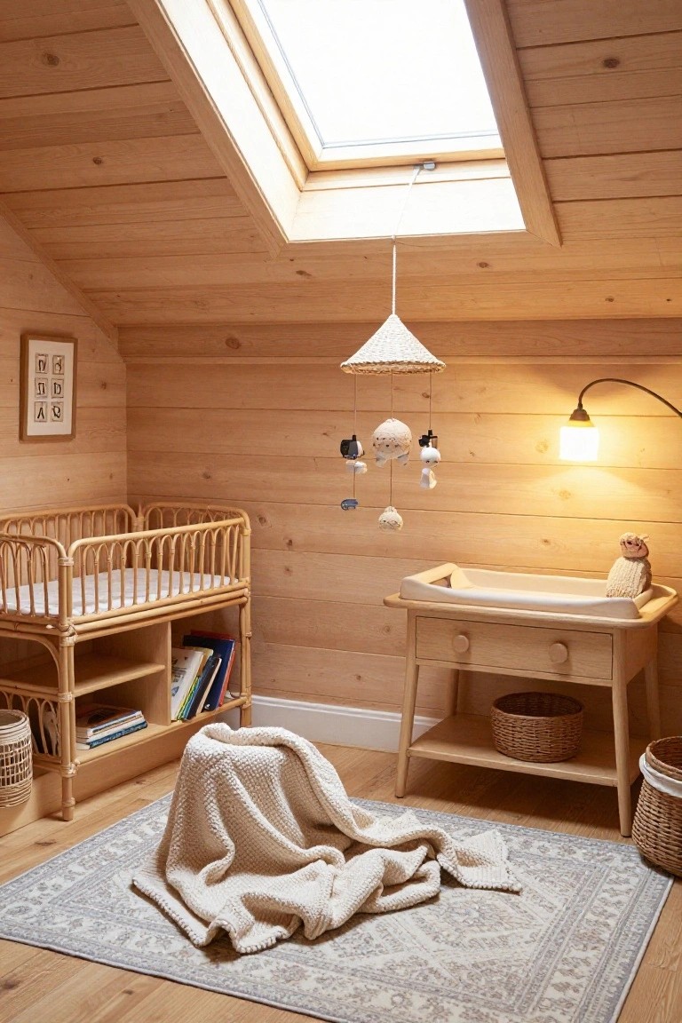Wooden-paneled attic nursery with sloped ceiling and skylight, rattan crib, wooden changing table, woven mobile, lamp, rug, and blanket on the floor.