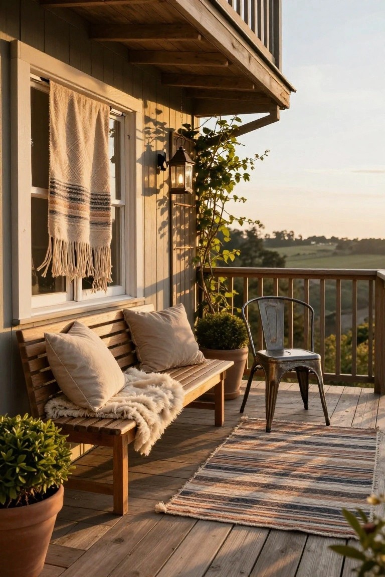 Wooden bench on a balcony deck piled with beige pillows and a white throw blanket, next to a metal chair, potted plants, striped outdoor rug, wall hanging over a window, lantern light, and countryside view at sunset.