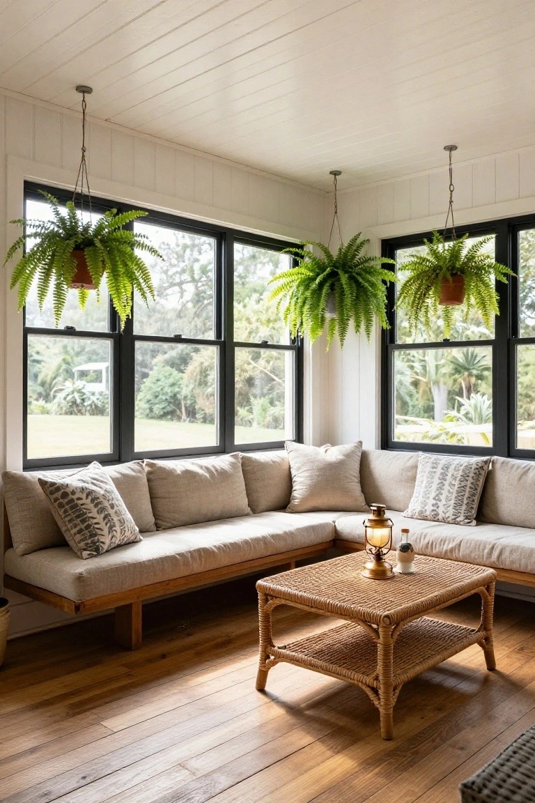 Light-filled corner room with beige L-shaped sofa on wooden legs, rattan coffee table holding brass lantern, hanging ferns in orange pots above black-framed windows showing garden and trees outside, white shiplap walls, and light wooden floors.