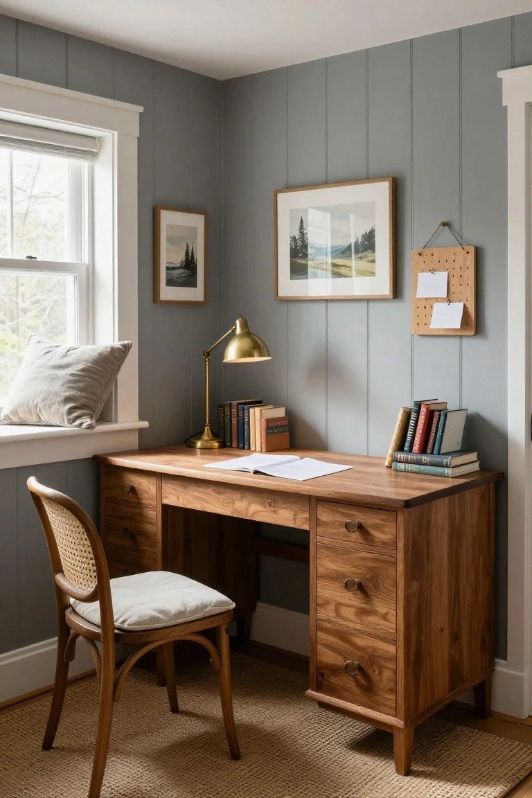 Corner home office with wooden desk topped by open books and notebook, rattan chair, brass lamp, gray shiplap walls, and window with shade.