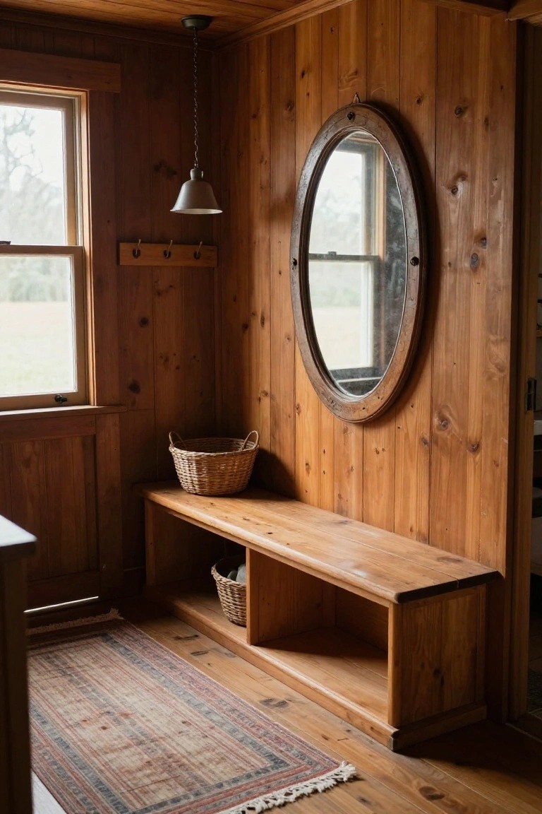 Wood-paneled entryway corner featuring a built-in wooden bench with woven baskets in the shelf below, an oval porthole mirror on the wall, coat hooks, a pendant light, and a window overlooking outdoors.