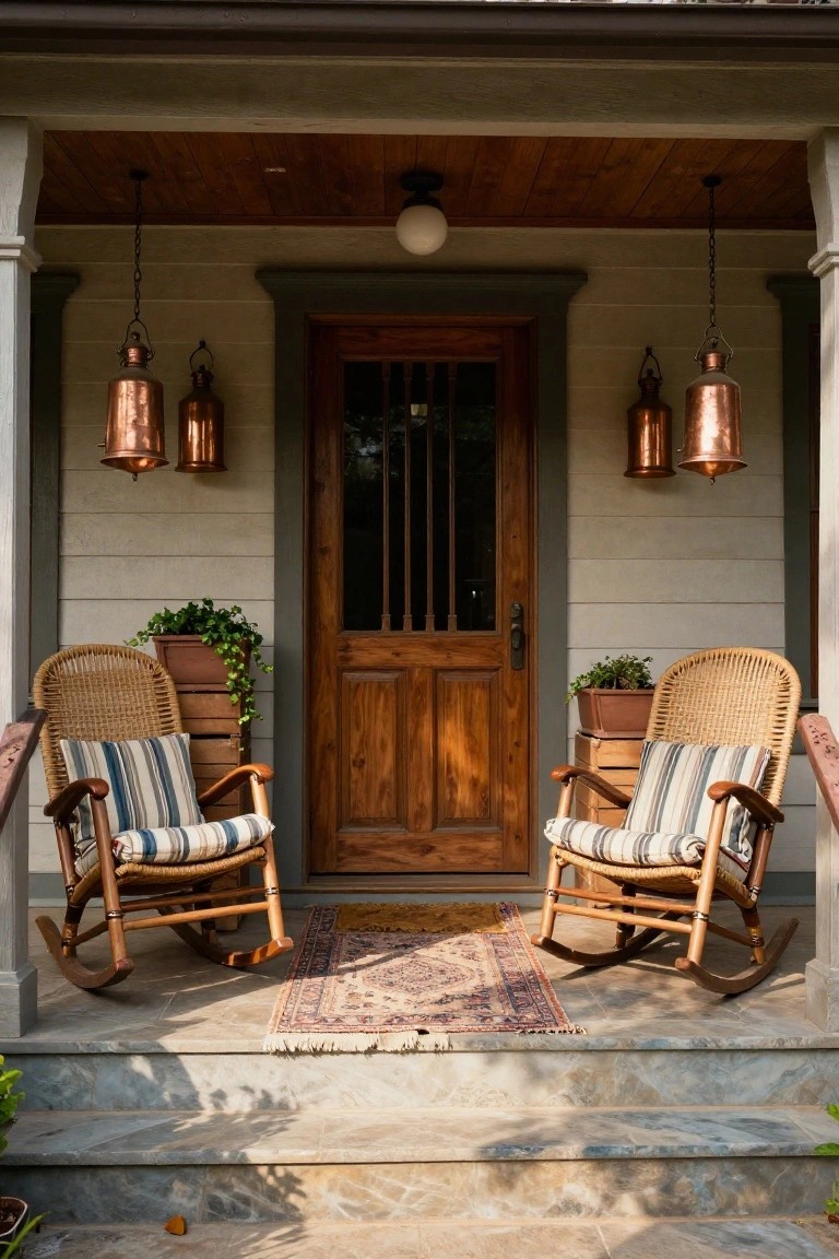 Front porch featuring a wooden door with glass panels, two wicker rocking chairs with blue and white striped cushions, potted plants in terracotta pots and wooden crates, copper lanterns hanging from the eaves, and a patterned rug on gray stone steps.