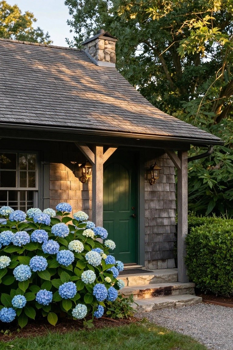 Small shingle-sided wooden cottage with covered porch, green door, exposed timber beams, large blue hydrangea bushes flanking stone entry steps, gravel path, and surrounding trees and shrubs.