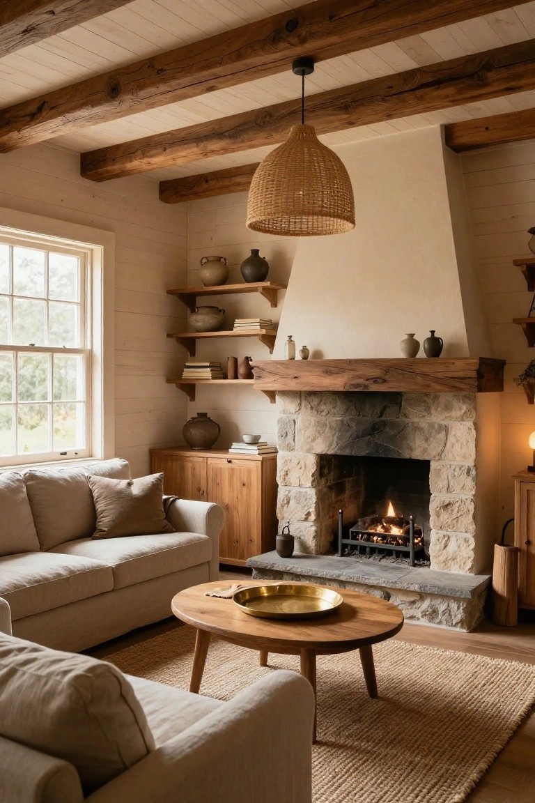 Cozy living room interior with exposed wooden ceiling beams, woven pendant light, stone fireplace flanked by shelves and topped with wooden beam mantel, beige sofa, wooden coffee table, and seagrass rug.