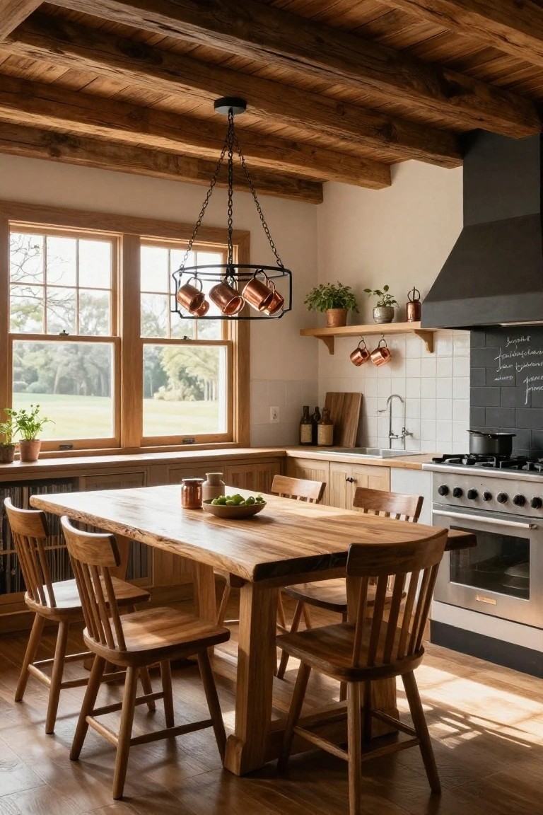 Kitchen with exposed wooden beam ceiling, live-edge wooden dining table and chairs, copper pots on hanging rack, black range hood, white cabinets, and windows showing green landscape outside.