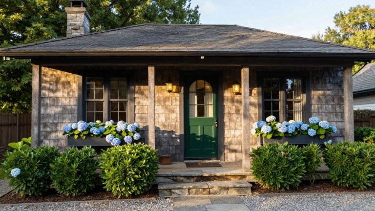 23 Creative Wooden Cottage Design Ideas Full of Cozy Character Small shingle-sided wooden cottage with covered porch, green door, exposed timber beams, large blue hydrangea bushes flanking stone entry steps, gravel path, and surrounding trees and shrubs.