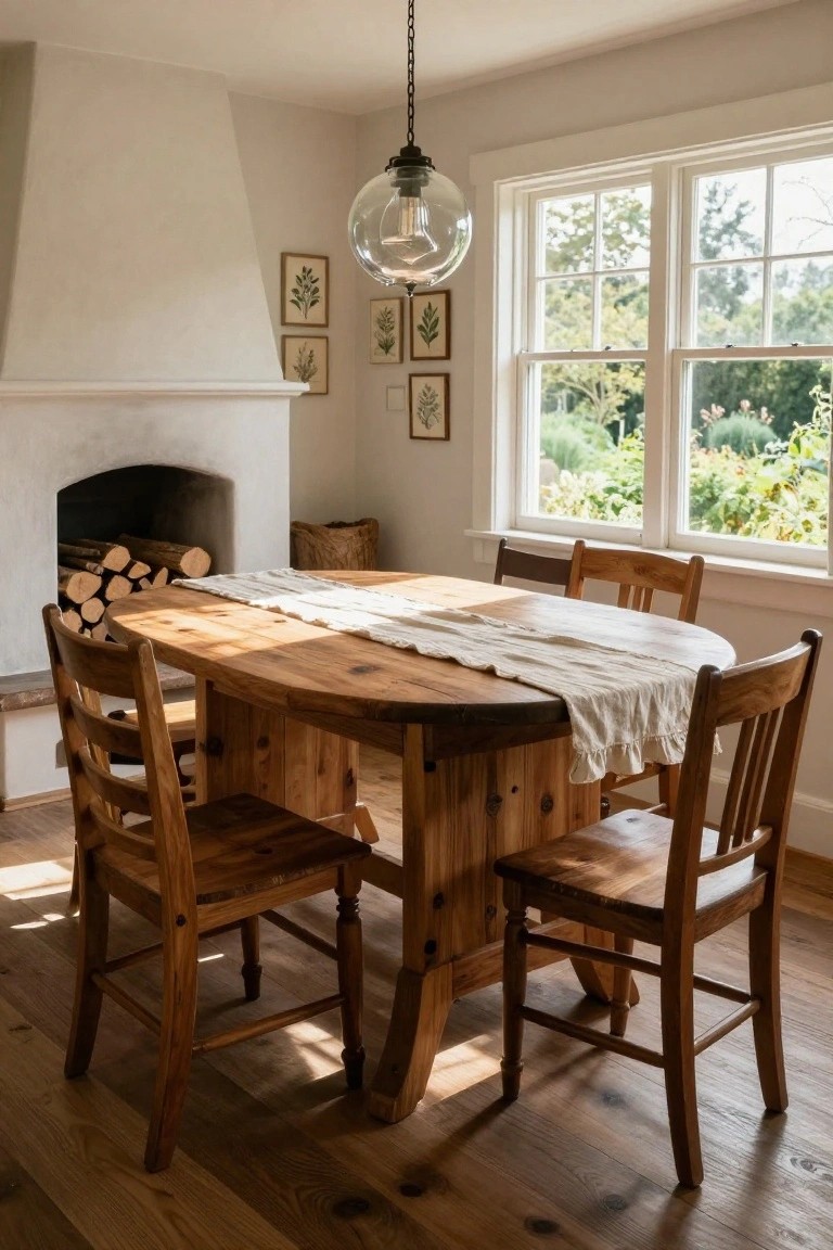 Sunlit interior dining area with oval wooden trestle table covered in white linen runner, four wooden ladderback chairs, plaster fireplace with firewood stack, botanical art on walls, pendant light, and large multi-pane windows showing garden view.