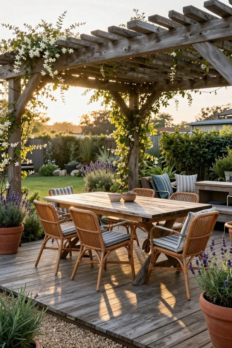 Wooden pergola covered in white flowering vines shading a rectangular weathered wooden dining table with rattan chairs on a deck surrounded by potted plants, lavender, and a garden backdrop at sunset.