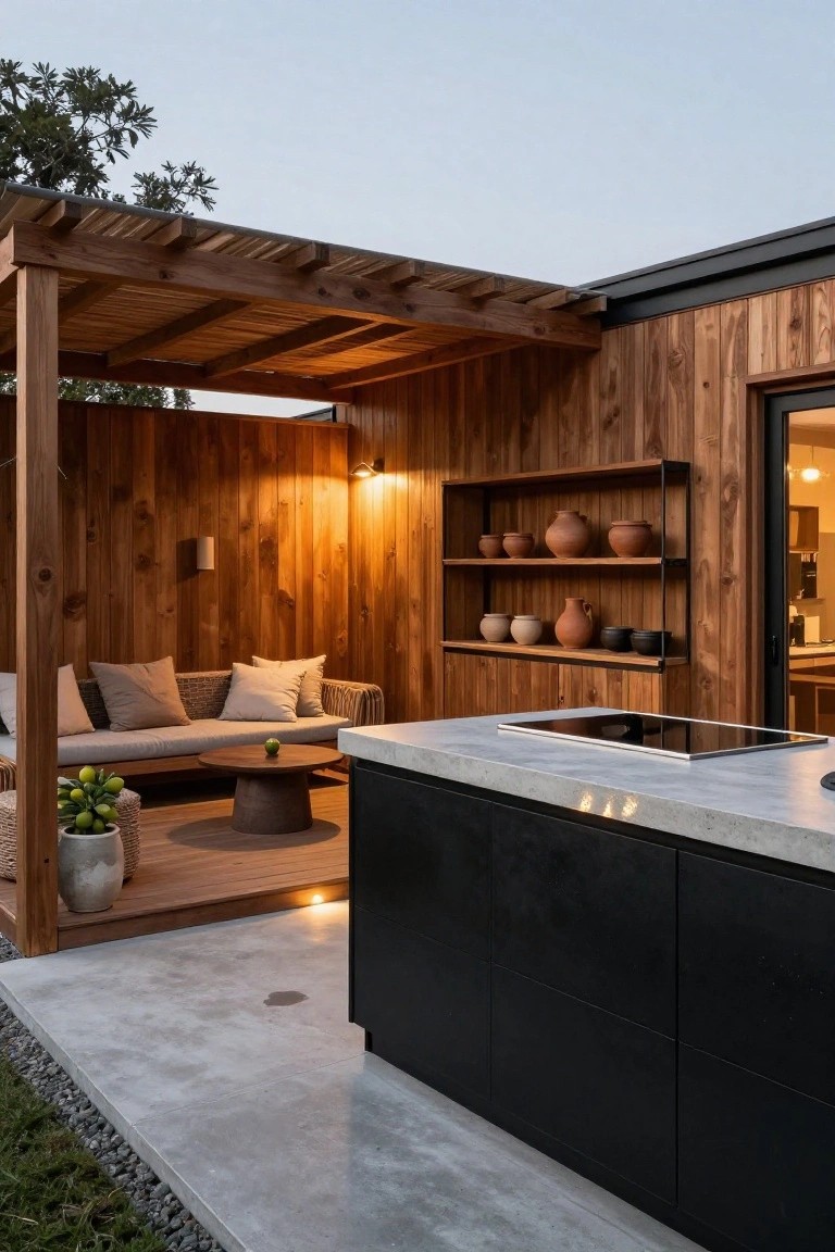 Wooden pergola covering a beige rattan couch with cushions and round wooden coffee table on a deck, next to a black cabinet concrete countertop outdoor kitchen with induction cooktop, against cedar wood house wall with metal shelves holding terracotta pots, on a concrete patio with gravel edging.