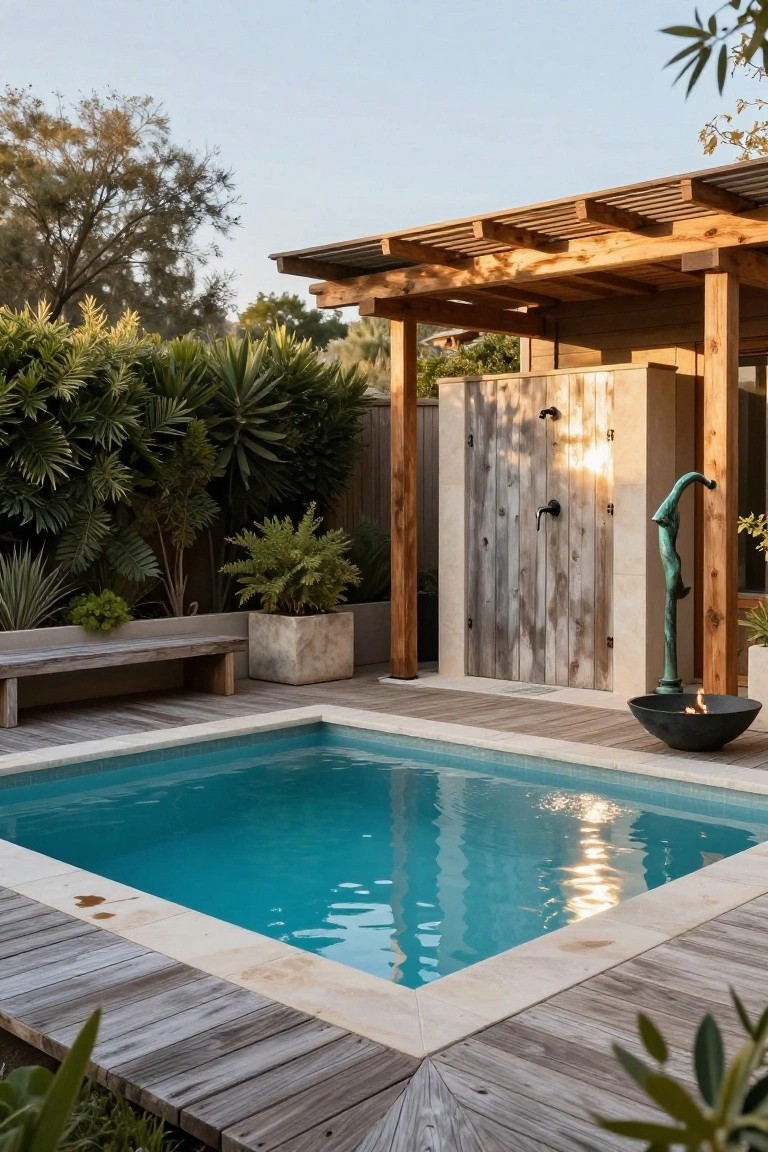 Small turquoise square plunge pool with wooden decking surround, adjacent rustic wooden outdoor shower enclosure with curved faucet sculpture, bench seating, potted plants, and black fire pit bowl in a tropical garden setting.
