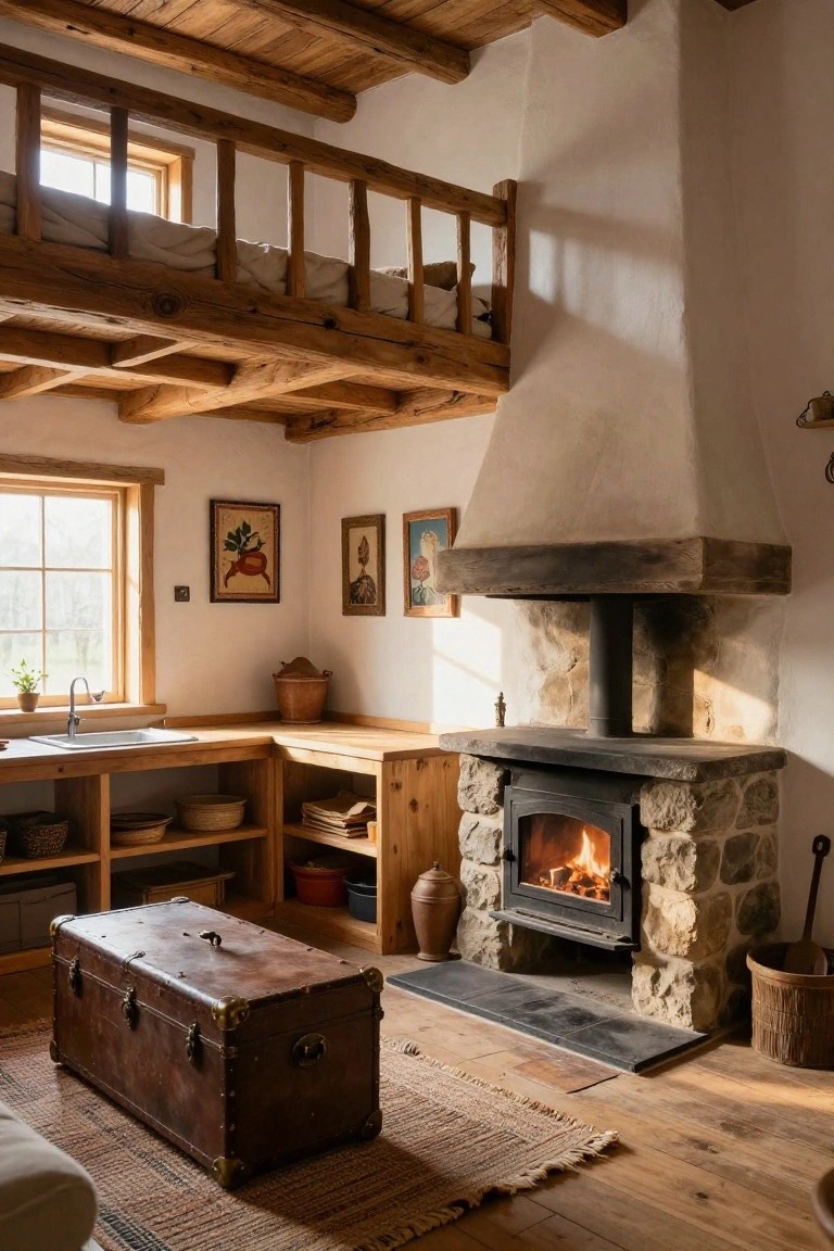 Cozy cottage interior with a stone-encased wood-burning stove next to wooden kitchen counters, loft bed above, exposed beams, and simple furnishings.
