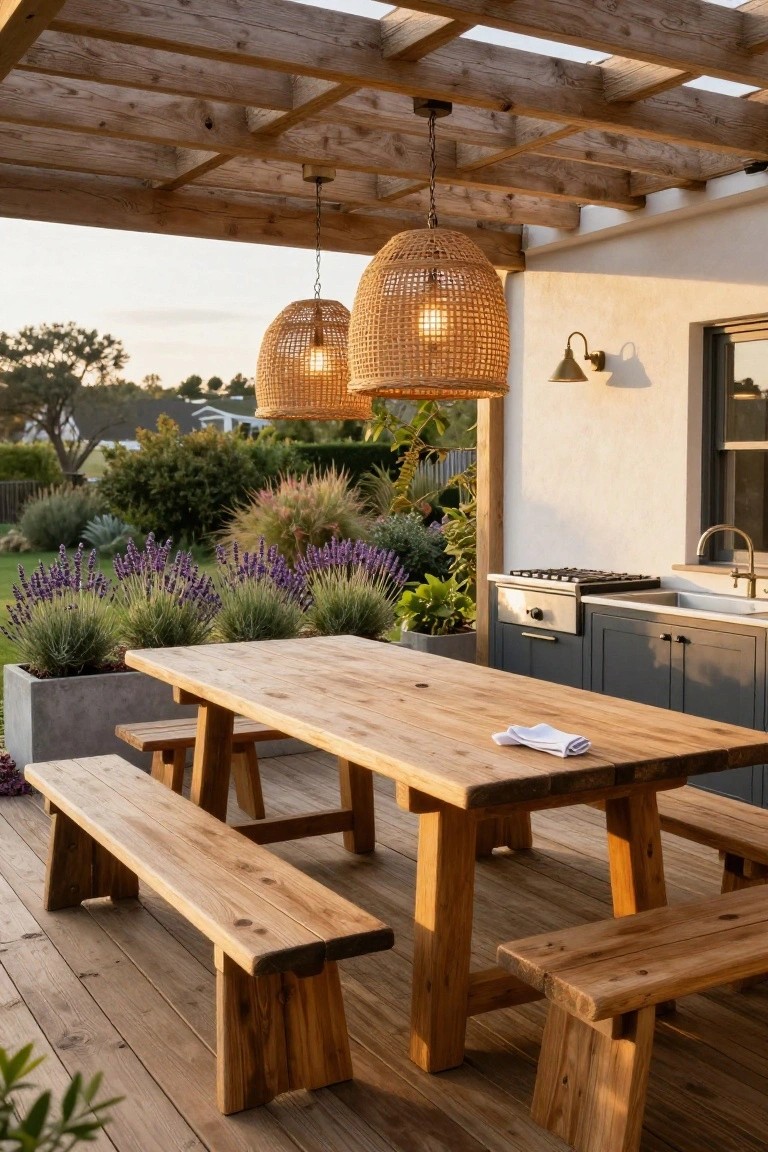 Wooden picnic table and benches on a deck under a pergola with hanging rattan lanterns, adjacent to a dark gray outdoor kitchen cabinetry and surrounded by lavender plants in concrete pots.