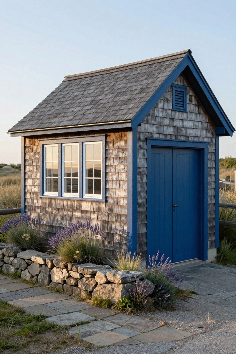 Small wooden cottage with gray shingle siding, navy blue double doors, white-framed triple window, blue trim, stone wall base, lavender plants, and gravel path in a grassy coastal setting.
