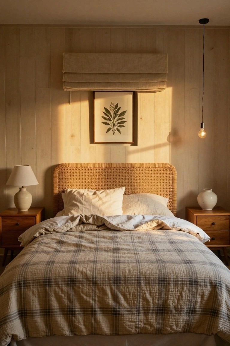 Bedroom interior with light vertical wood paneling on walls, rattan headboard bed dressed in white pillows and plaid quilt, wooden nightstands holding ceramic lamps and vases, framed leaf print above linen roman shade, and pendant light bulb.