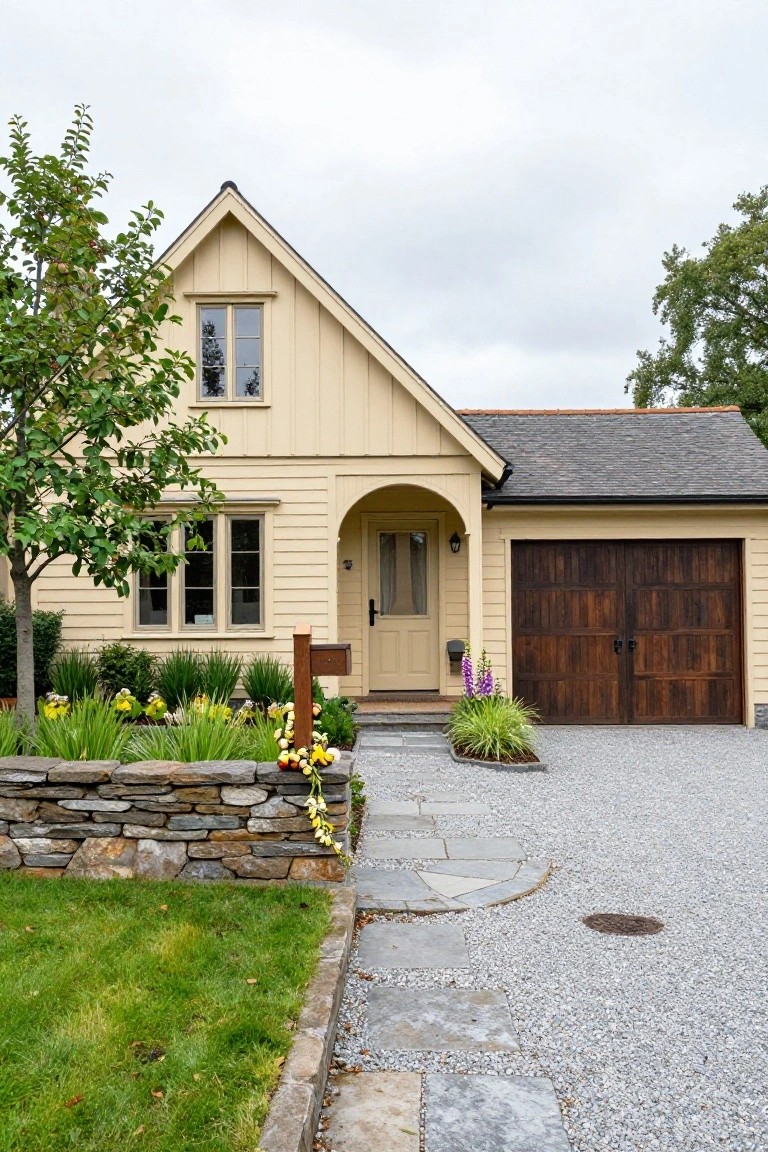 Beige house with arched entry, wooden garage, stone wall, and gravel driveway.