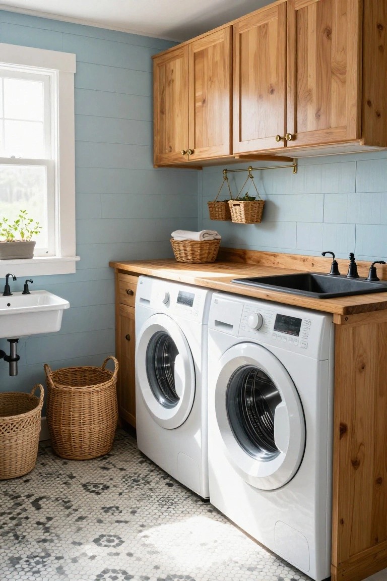 Laundry room interior with wooden cabinets and countertop housing two white front-loading washers and dryer, white farmhouse sink with black faucet, light blue shiplap walls, wicker baskets, and patterned tile floor.
