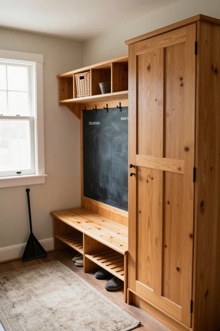 Wooden built-in cabinetry with chalkboard panel, coat hooks, upper shelves, bench seating, and shoe cubbies in a light beige room with window, rug, and broom.