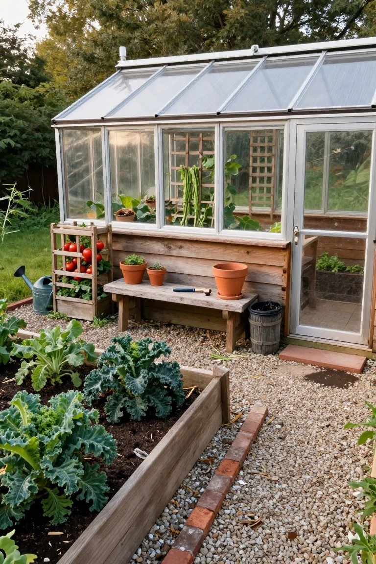 Glass greenhouse with wooden base and bench area holding pots, tools, and tomato rack next to raised garden beds with kale and a gravel path.