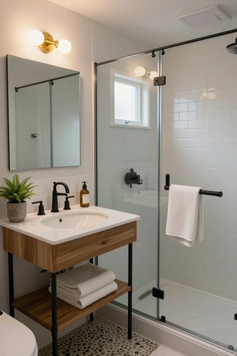 A small bathroom with white subway tile walls, a wooden vanity cabinet on black metal legs holding white towels, a potted fern, black faucet, glass shower enclosure, and pebble tile floor.
