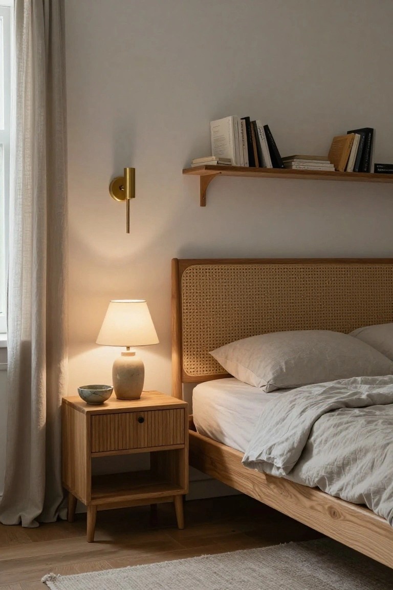 A bedroom with a low wooden bed frame featuring a large cane headboard, wooden nightstand holding a ceramic lamp and bowl, floating wooden shelves with books above the bed, sheer curtains on the window, and light linens on the bed.