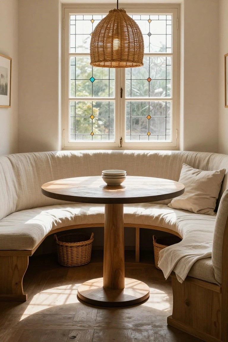 Cozy round wooden table with curved bench seating under a woven pendant light.