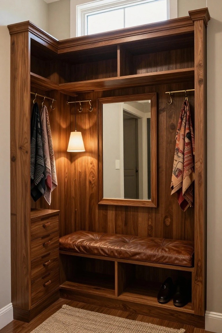 Corner wooden built-in cabinet with brass coat hooks, oval mirror, leather bench, drawers, open shelves, and shoe storage in a beige room with hardwood floor.