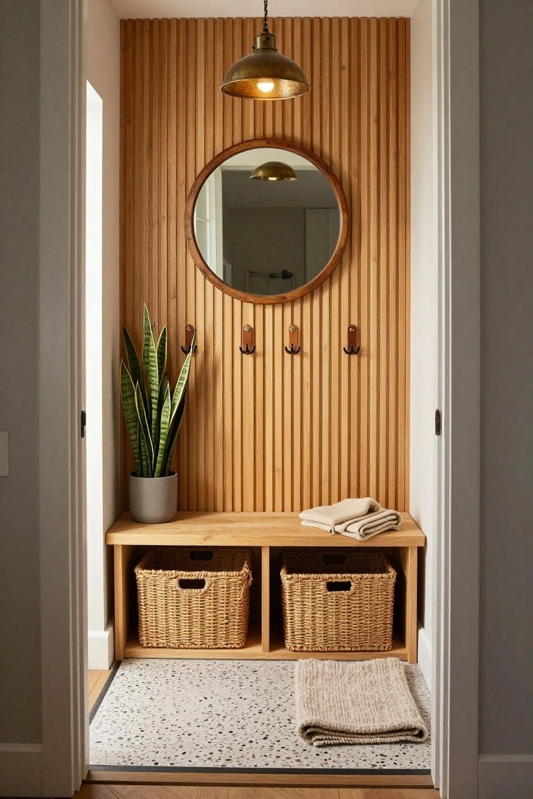Narrow indoor entryway with light vertical wood slat wall, brass pendant light, round wood mirror, potted snake plant, three leather wall hooks, wooden bench with two wicker baskets, folded towels on bench, and neutral woven rug on terrazzo floor.