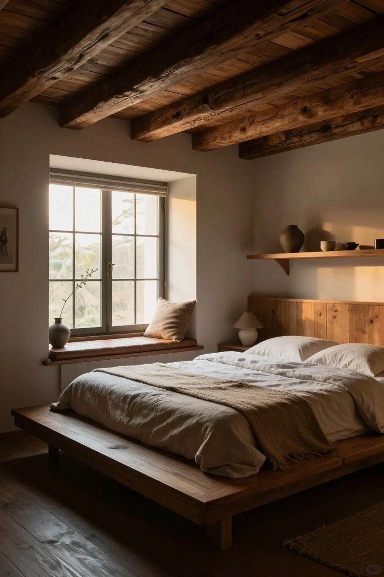Cozy bedroom with exposed dark wooden ceiling beams, low wooden platform bed with white linens and tan throw, wooden window seat, shelves with ceramics, and natural light from large multipane windows.