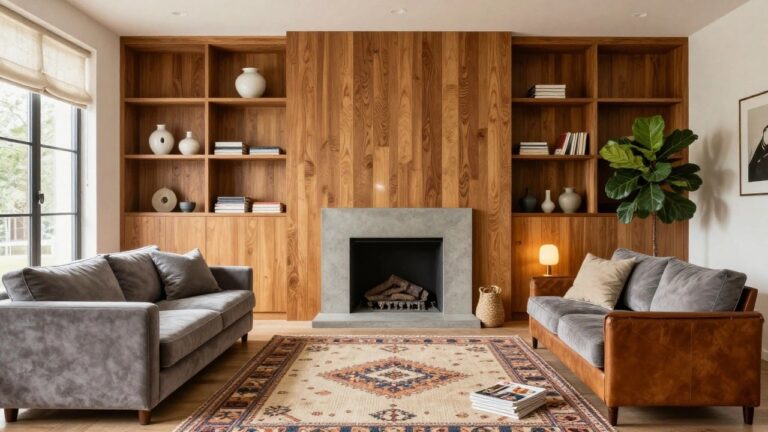 22 Elegant Wooden House Interior Design Ideas for a Warm Designer Vibe Living room with tall wooden built-in bookshelves flanking a concrete fireplace, filled with books, white ceramic vases, and a fiddle leaf fig plant, plus a gray velvet sofa, leather ottoman, coffee table, and patterned rug.