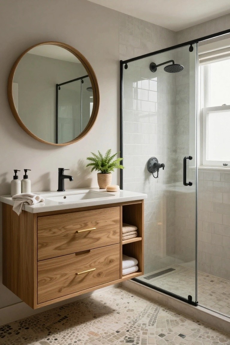 Modern bathroom with wood vanity, round mirror, and glass shower.
