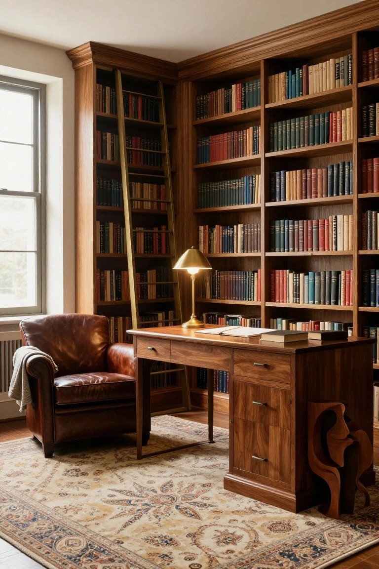 Corner room library with tall wooden bookshelves lining the walls, sliding brass ladder, wooden desk, leather armchair with throw, brass lamp, and patterned rug on wood floor.
