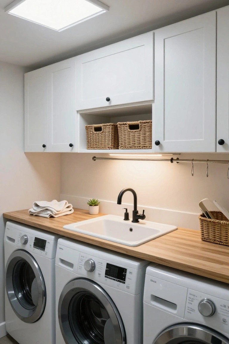 White front-loading washers and dryer, wooden countertop with white sink and black faucet, white cabinets with wicker baskets above, in a compact laundry room.