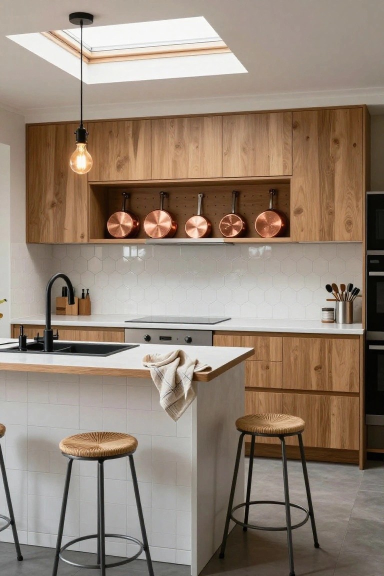 Modern kitchen interior with light oak wood cabinets, white hexagonal tile backsplash, black matte faucet over a sink, central island with rattan-topped stools, and copper pots hanging on open shelving.