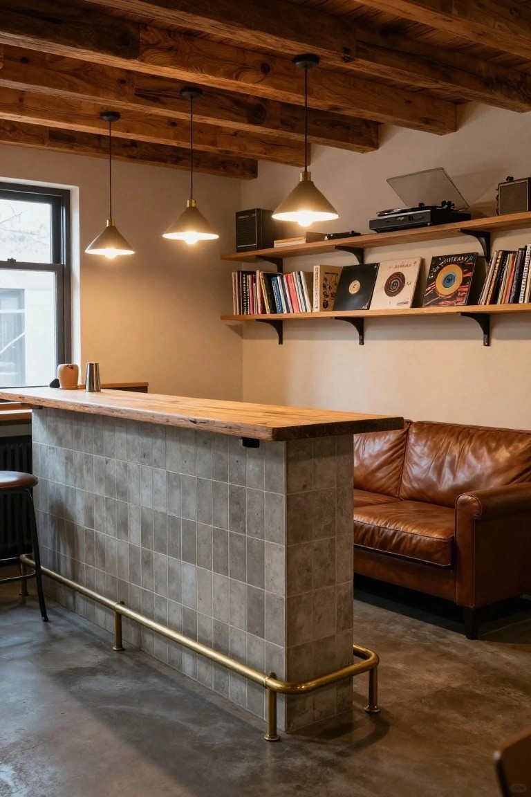Interior of a lounge space with exposed wooden ceiling beams, brass pendant lights, wooden shelves holding vinyl records and books, a bar counter with live-edge wood top on gray tiled base and brass foot rail, and a brown leather sofa.