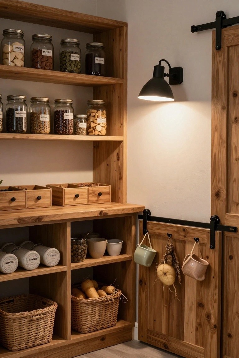 Wooden built-in pantry with open shelves stocked with labeled glass jars of dry goods like nuts and spices, wooden drawers, wicker baskets holding potatoes and squash, and a sliding barn door on the side.