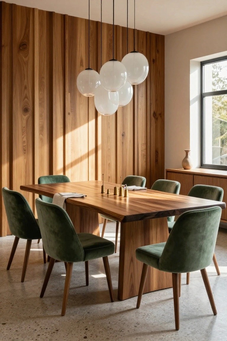 Dining room featuring vertical slatted wooden walls, a rectangular live-edge wooden table with green velvet upholstered chairs, white bubble pendant lights hanging above, gold candle holders on the table, a credenza nearby, and a large window letting in sunlight.