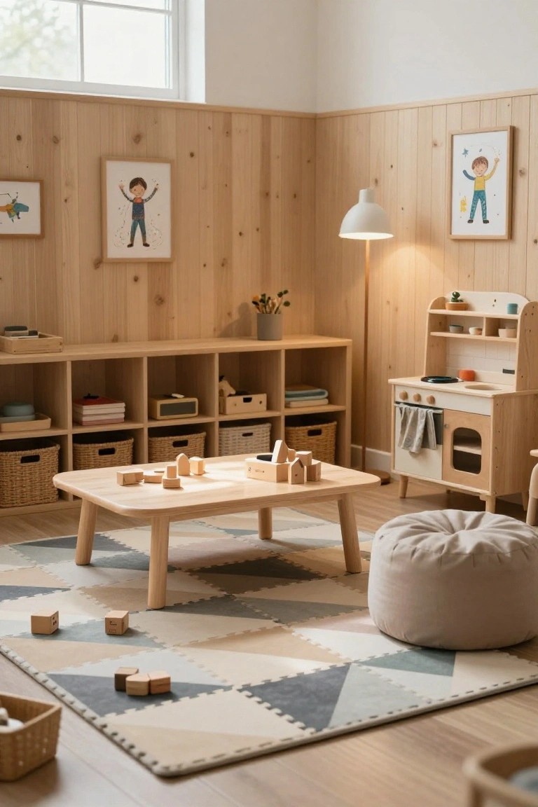 A children's playroom with light wooden paneling on walls and built-in shelves filled with toys, books, and baskets, a wooden play kitchen, low table with wooden blocks, pouf chair, and geometric foam floor tiles on a light wood floor.