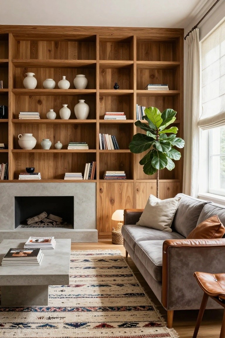 Living room with tall wooden built-in bookshelves flanking a concrete fireplace, filled with books, white ceramic vases, and a fiddle leaf fig plant, plus a gray velvet sofa, leather ottoman, coffee table, and patterned rug.