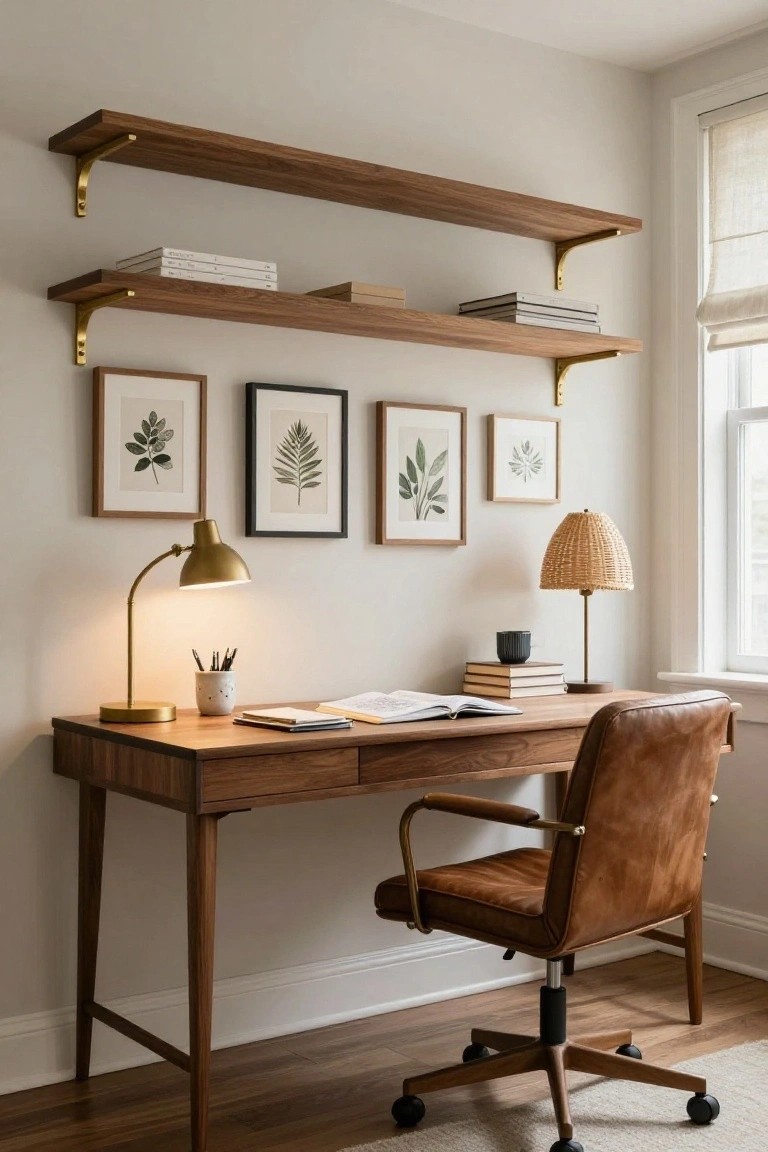 Beige room with two wooden floating shelves holding books, three framed botanical prints on the wall, brass adjustable lamp and rattan-shade lamp on wooden desk with notebooks, mug, and pencils, tan leather swivel chair, hardwood floor.