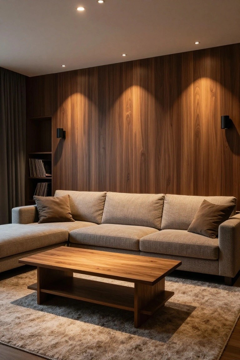 Modern living room with vertical dark wood slat wall paneling, beige L-shaped sofa, wooden coffee table with shelves, shag rug, and recessed ceiling lights.