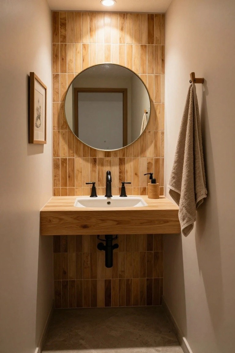 Small indoor bathroom with horizontal light wood slat tiles on the wall behind a floating wooden vanity, white sink, black faucets, round mirror, framed artwork, and beige towel on a wood hook.