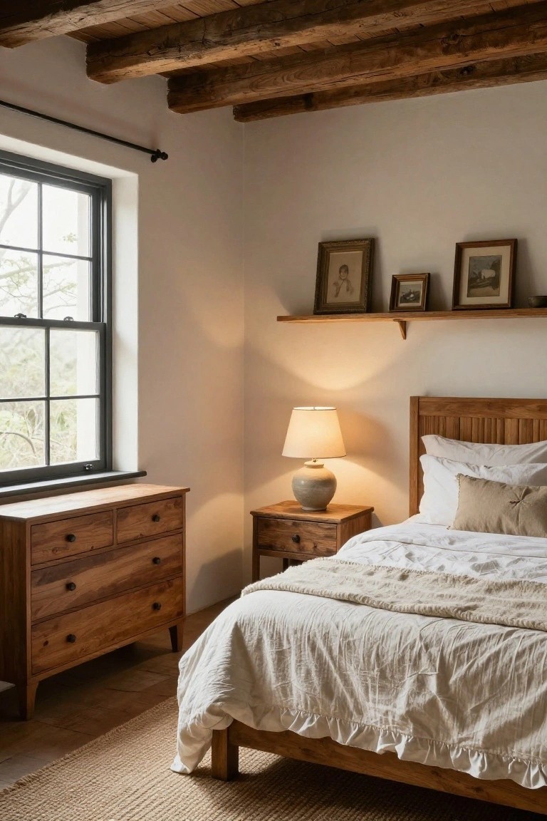 A light bedroom with exposed wooden beam ceiling, wooden paneled bed with white linens, matching low dresser and nightstand with ceramic lamp, shelves holding small framed artwork above the bed, and a black-framed window with natural light.