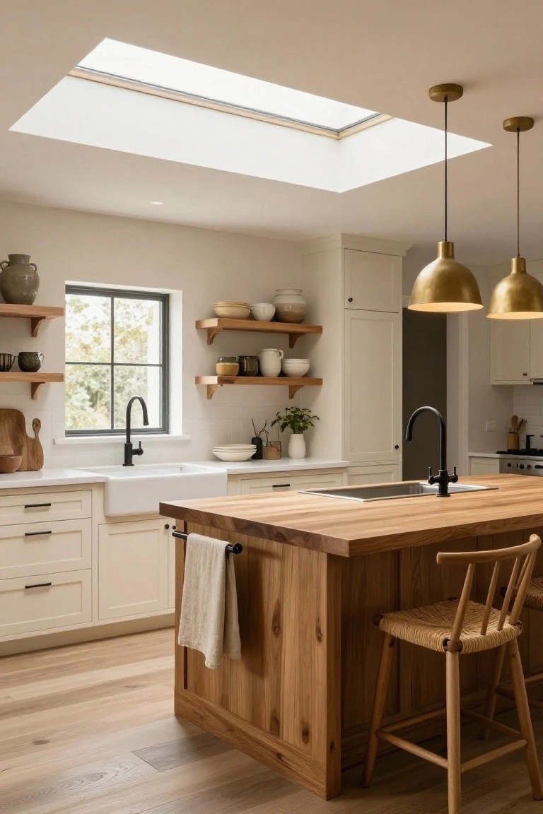 Kitchen with large wooden center island, two wooden stools, white cabinets, farmhouse sink with black faucet, open wooden shelves holding pottery and bowls, gold pendant lights, skylight, and hardwood floors.