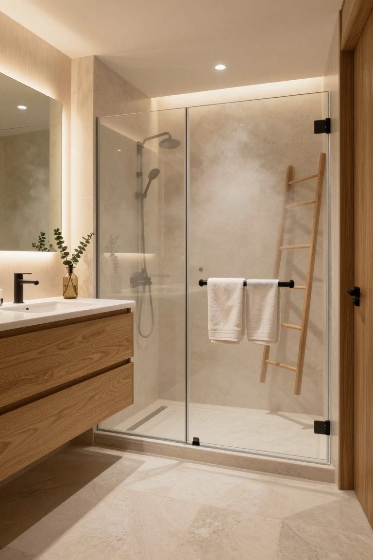 Contemporary bathroom with frameless glass shower enclosure, leaning wooden ladder holding white towels, oak vanity with black faucet and vessel sink, potted eucalyptus on counter, neutral stone walls and floor tiles.