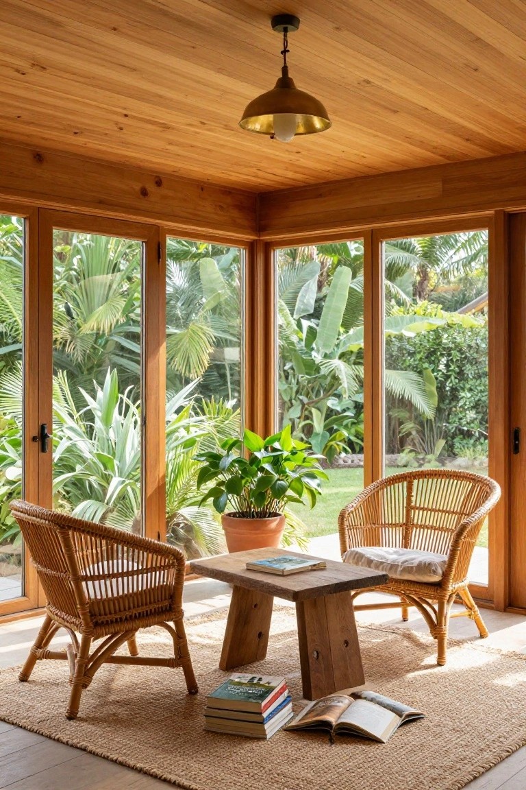 Wooden-paneled interior corner room with two rattan armchairs around a low wooden table, large sliding glass doors open to tropical garden plants, books on the table and floor.