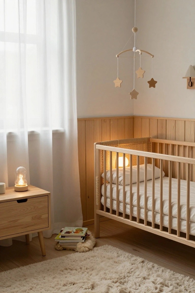 Nursery corner with light wood paneled walls, wooden crib with white bedding and pillow, hanging wooden star mobile, sheer curtains on window, wooden side table holding glass lamp and vase, stack of children's books, and white fluffy rug on wood floor.