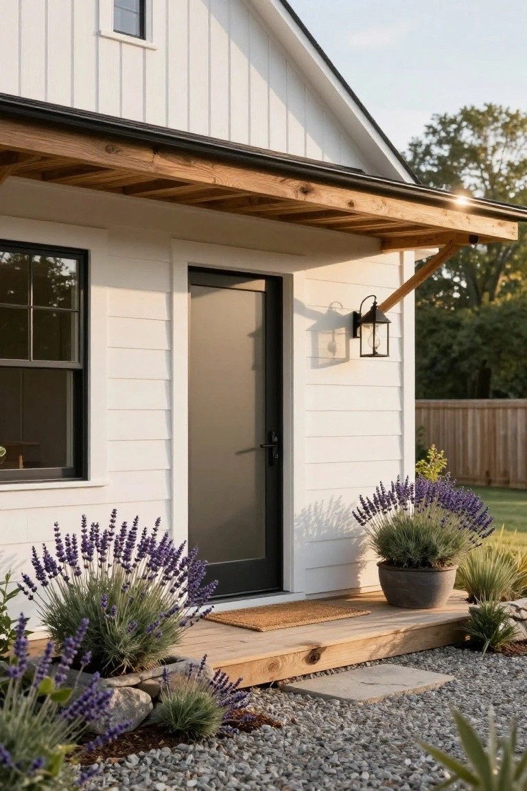 White board-and-batten siding house exterior featuring a black front door under a wooden porch overhang, wall-mounted lantern light, and potted lavender plants on gravel near wooden steps.